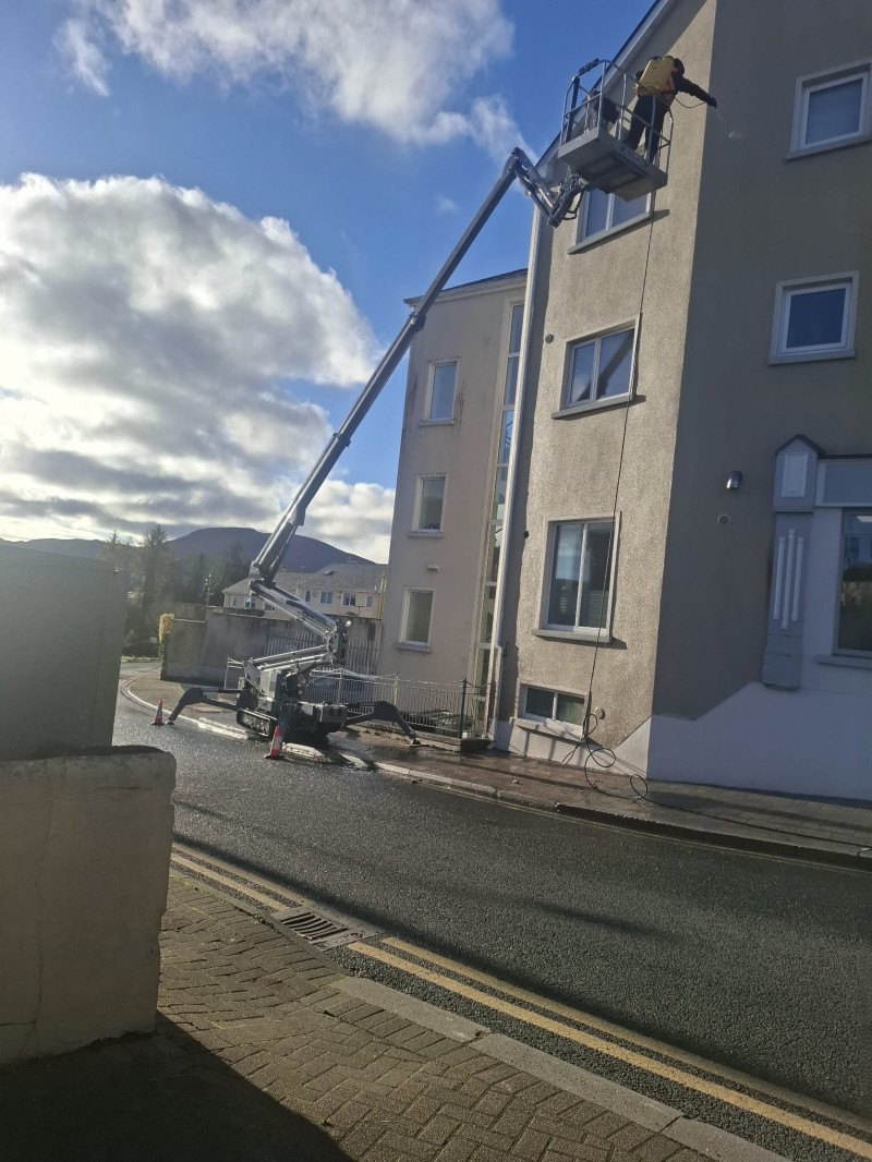 Power washing of walls and roofs of shop fronts, commercial buildings and apartments in Manor Hamilton, Count Leitrim by PJ Cleaning Services, Sligo, Ireland