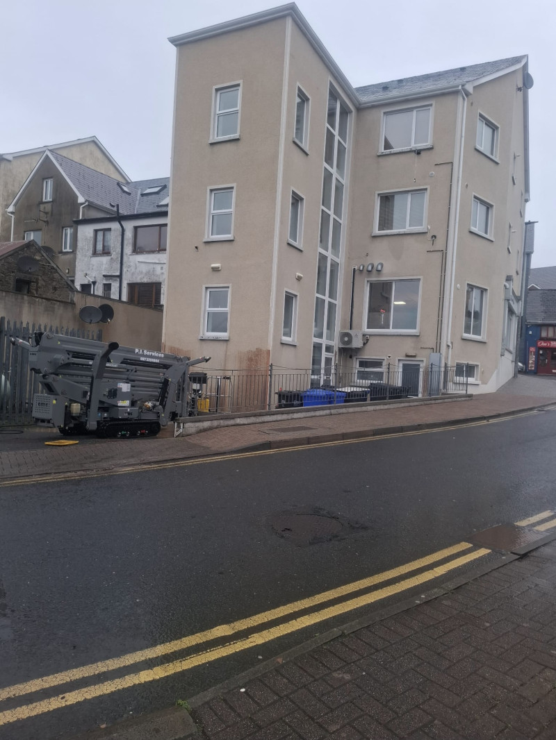 Power washing of walls and roofs of shop fronts, commercial buildings and apartments in Manor Hamilton, Count Leitrim by PJ Cleaning Services, Sligo, Ireland