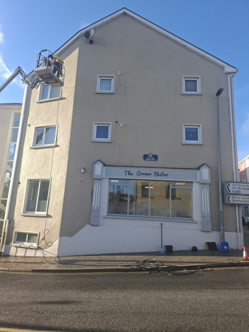 Power washing of walls and roofs of shop fronts, commercial buildings and apartments in Manor Hamilton, Count Leitrim by PJ Cleaning Services, Sligo, Ireland