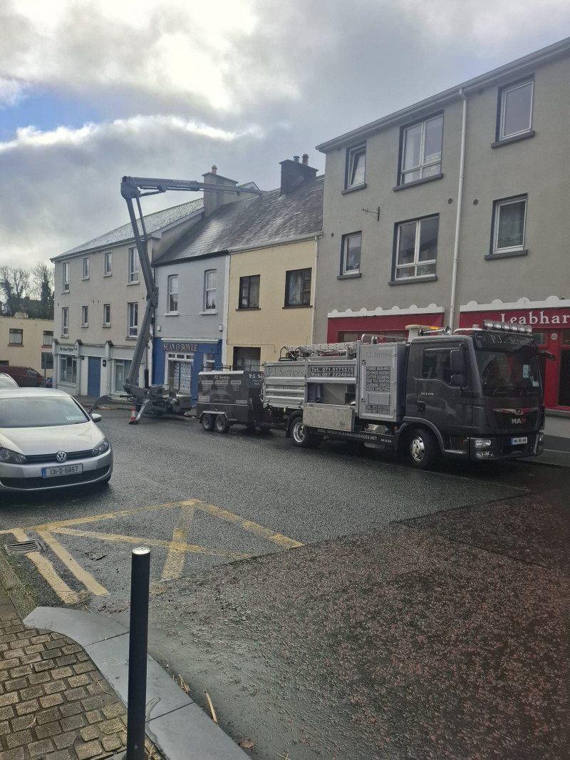 Power washing of walls and roofs of shop fronts, commercial buildings and apartments in Manor Hamilton, Count Leitrim by PJ Cleaning Services, Sligo, Ireland